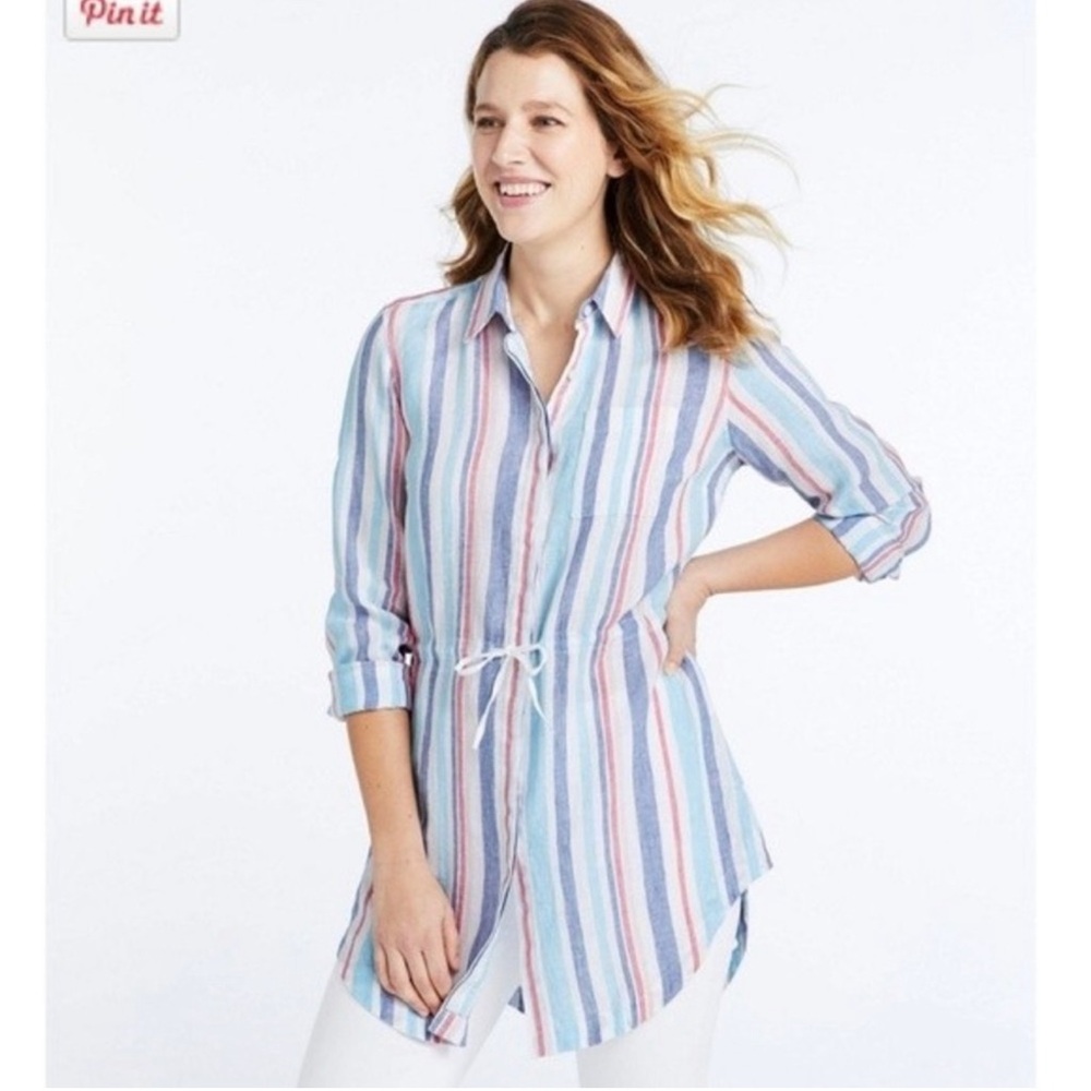 LL Bean Women's Linen Draw String Tunic-Striped- used as Cover Up